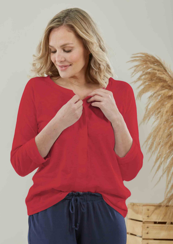 Women's Tabby cotton long sleeve velcro adaptive tee - Hibiscus Red