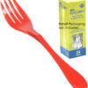 Knork knife and fork in one plasticware sets. Image shows red knork plastic and a box of knork plasticware clear forks.