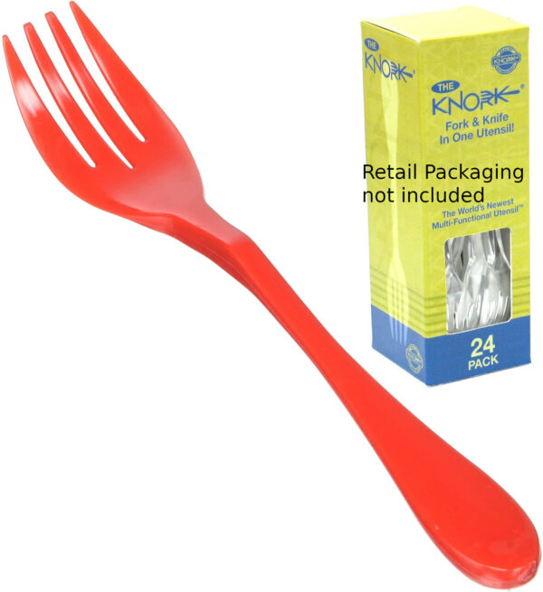 Knork knife and fork in one plasticware sets. Image shows red knork plastic and a box of knork plasticware clear forks.