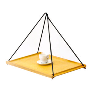 swinging tea tray showing a tray held in four corners by a strings leading to a hand and a cup and saucer on top of the tray, the tray is yellow wood (ash) with a rim and is rectangular