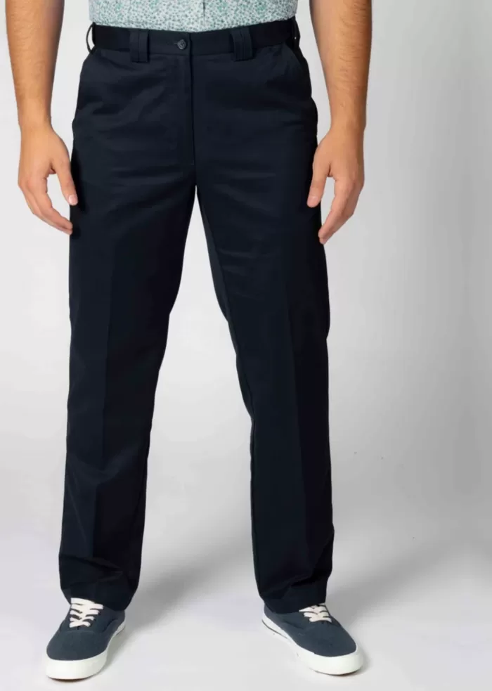 shot of the lower legs of the model navy chinos
