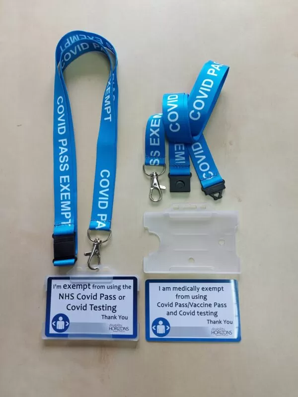 real photo of both sides of the cards with lanyards and holder