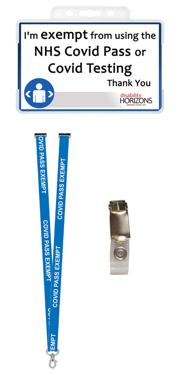 image showing covid pass exemption card side one and attachments lanyard and badge clip