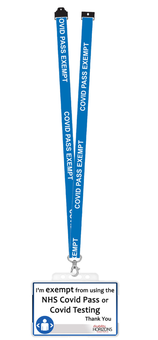 Covid pass exemption card side 1 on a lanyard