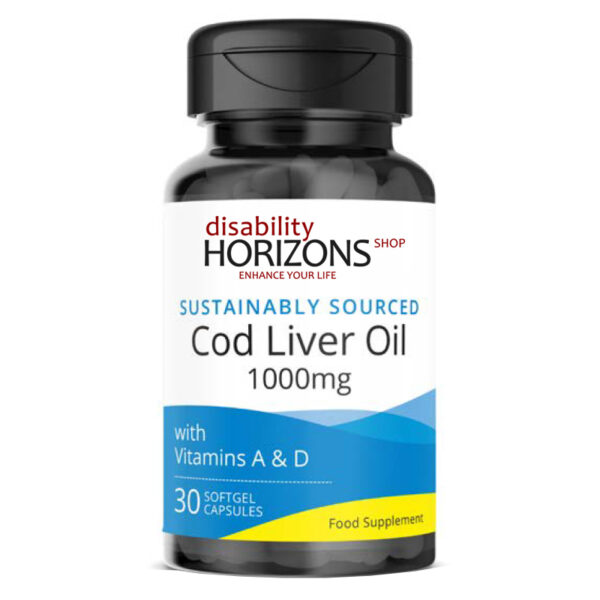 Bottle of Cod Liver Oil 1000mg vitamin supplement with the Disability Horizons shop logo