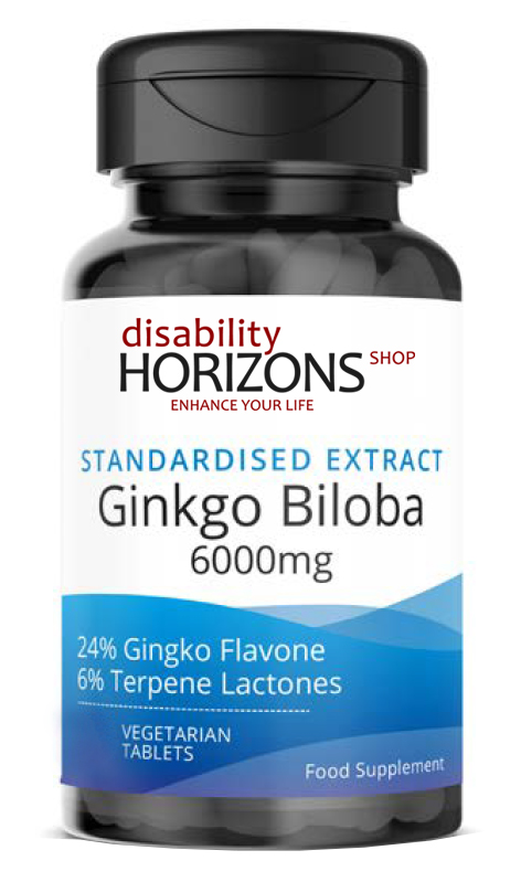 Bottle of Ginkgo Biloba vitamin supplement with the Disability Horizons shop logo