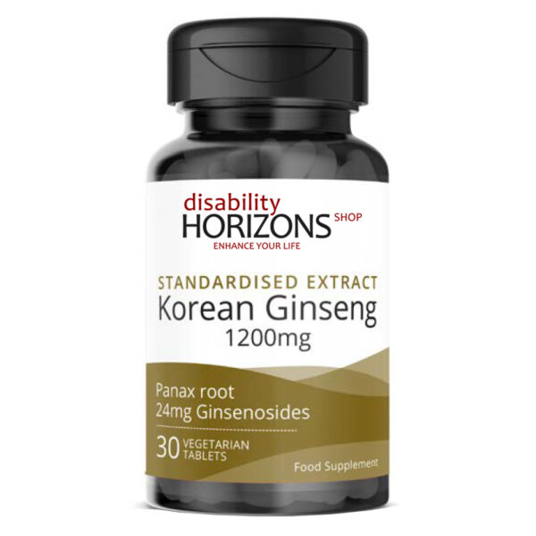Bottle of Korean Ginseng vitamin supplement with the Disability Horizons shop logo