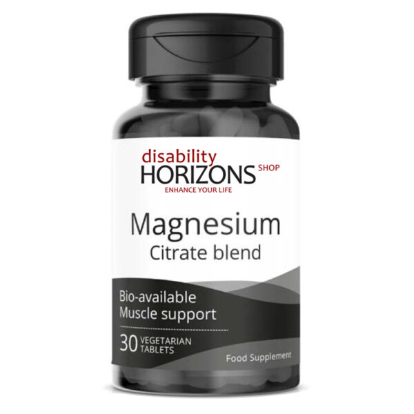 Bottle of Magnesium tablets with the Disability Horizons logo