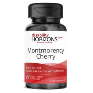 Bottle of Montmorency Cherry juice extract tablets with the Disability Horizons logo