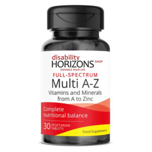 Bottle of multivitamin A-Zinc tablets with the Disability Horizons logo,