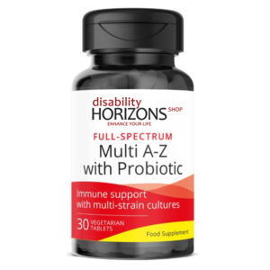 Bottle of Multi A-Z zinc with probiotics tablets with the Disability Horizons logo