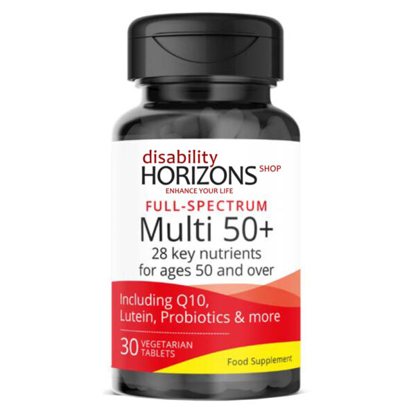 Bottle of over 50s multivitamin tablets with the Disability Horizons logo