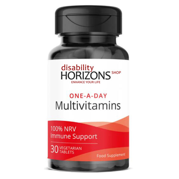 Bottle of multivitamin tablets with the Disability Horizons logo