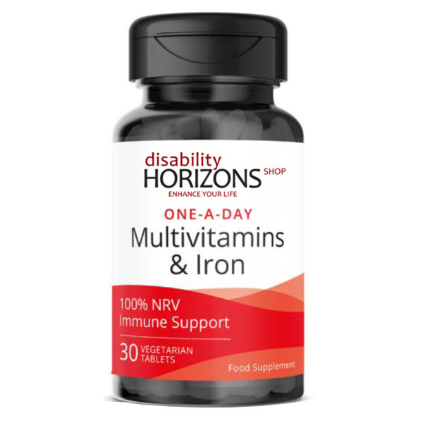 Bottle of multivitamin and iron tablets with the Disability Horizons logo