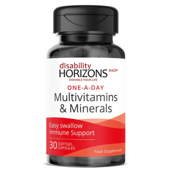 Bottle of multivitamin and minerals tablets with the Disability Horizons logo