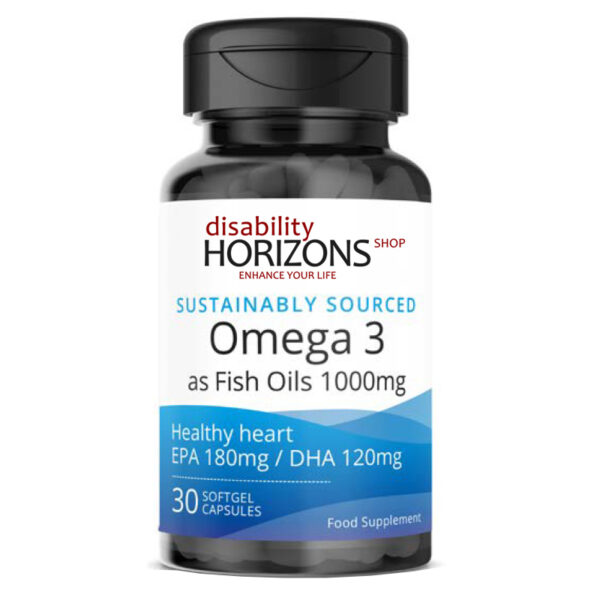 Bottle of Omega 3 fish oil capsules with the Disability Horizons logo