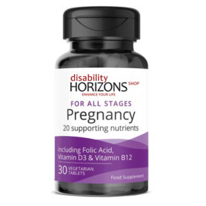 Bottle of Pregnancy supplement tablets, with the Disability Horizons logo