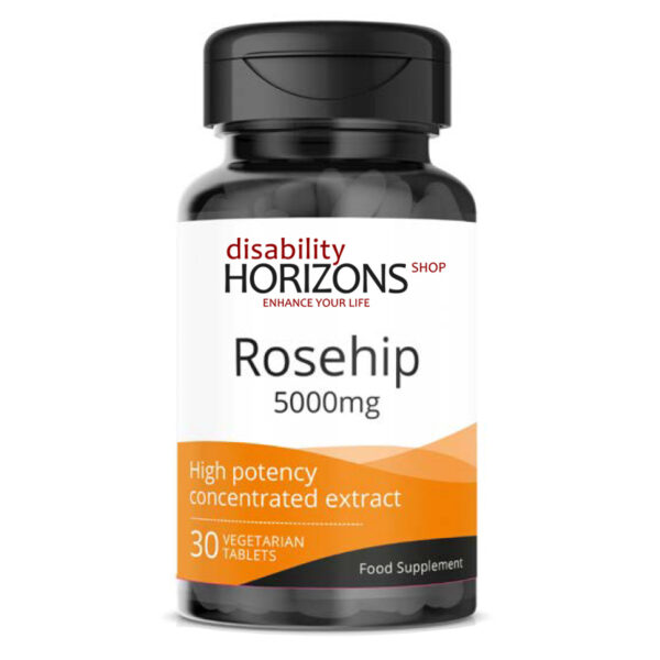 Bottle of rose hip tablets with the Disability Horizons logo