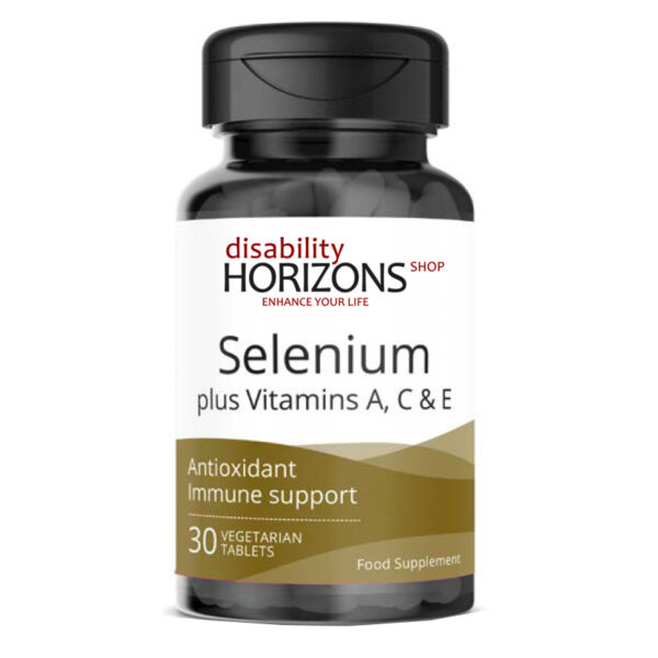 Bottle of Selenium tablets with the Disability Horizons logo