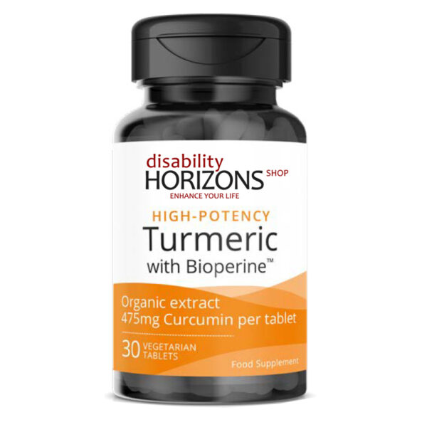 Bottle of Turmeric tablets with the Disability Horizons logo