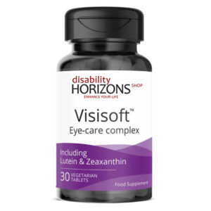 Bottle of Visisoft Luterin eye-care tablets with the Disability Horizons logo