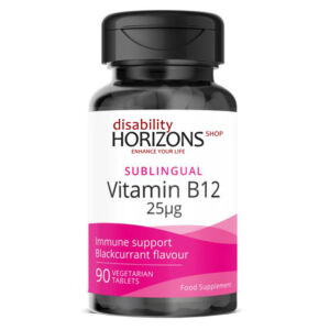 Bottle of Vitamin B12 tablets with the Disability Horizons logo