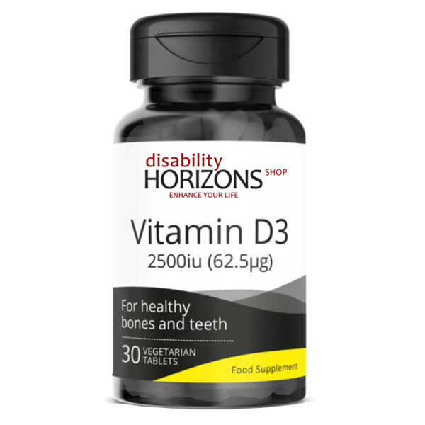 Bottle of Vitamin D3 2500 strength tablets with the Disability Horizons logo