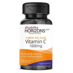 Bottle of Vitamin C tablets with the Disability Horizons logo,