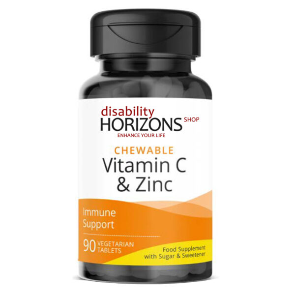 Bottle of Vitamin C and zinc tablets with the Disability Horizons logo