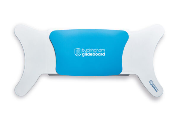 white Glideboard transfer board with a blue seat