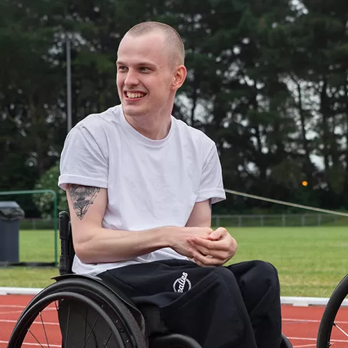 Bealies user james in his wheelchair.