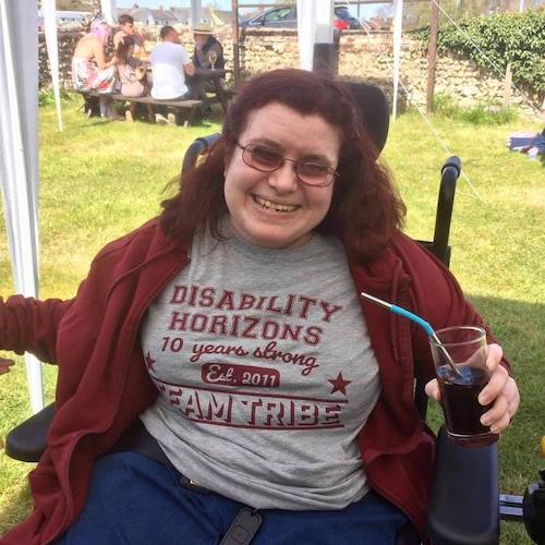 Emma Purcell wearing Disability Horizons Team Tribe t-shirt