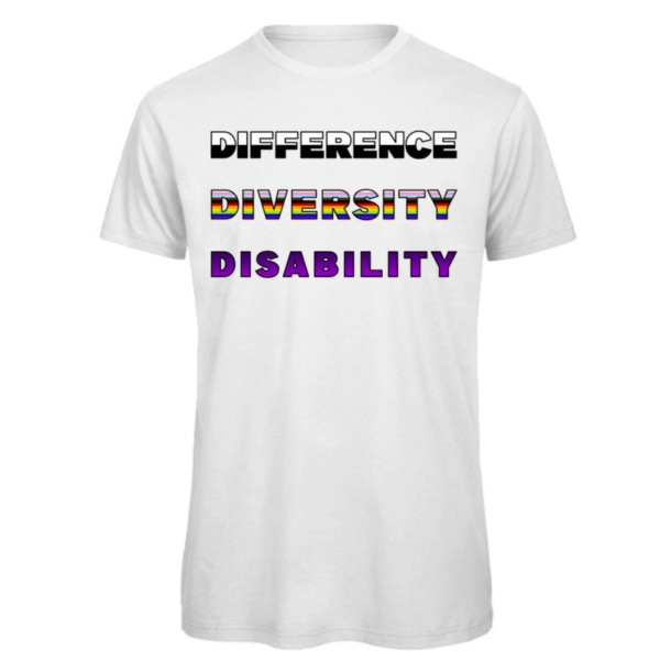 difference diversity disability t-shirt in white. reads: DIFFERENCE DIVERSITY DISABILITY