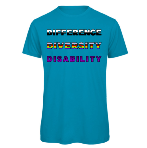 difference diversity disability t-shirt in atoll. reads: DIFFERENCE DIVERSITY DISABILITY