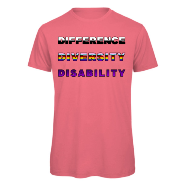 difference diversity disability t-shirt in fuchsia. reads: DIFFERENCE DIVERSITY DISABILITY