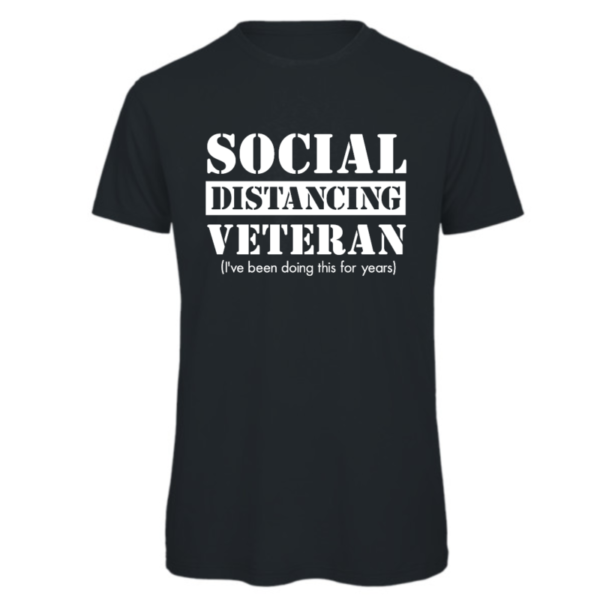 Social distance veteran t-shirt in dark grey. reads:"Social distancing veteran (I've been doing this for years)" in white text