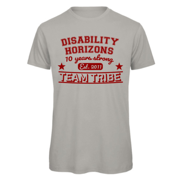 team tribe disability horizons 10th aniversary t-shirt in sports grey Read: "Disability Horizons 10 years strong Team Tribe" in a red font