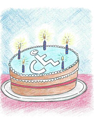 congratulations greetings card from disabled peoples voice. Features a cake with the blue and white disabled access logo on top. The head on the logo has a smile on their face