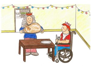 turkey diner xmas card from disabled people's voice. shows a festive dining room. A woman is serving a turkey to a man in a wheelchair holding is knife and fork ready to eat