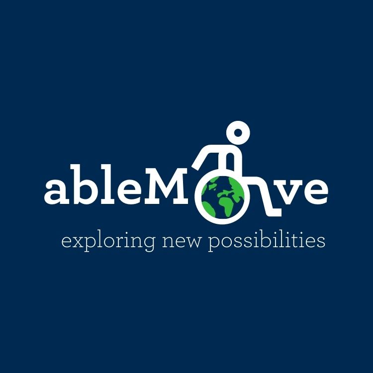 Image is the logo for AbleMove formerly known as EasyTravelSeat - it features the word "ableMove" in white, where the "o" of the word "Move" is used as the wheel of a wheelchair symbol. Inside the "o" the globe is depicted. Other text reads "exploring new possibilities"