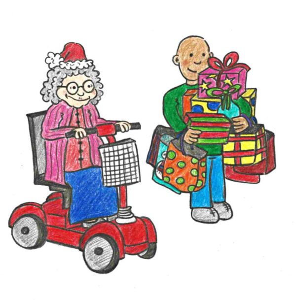 carry the presents scooter design xmas card disabled peoples voice. shows a young boy carrying all the christmas presents while his grandma rides her mobility scooter