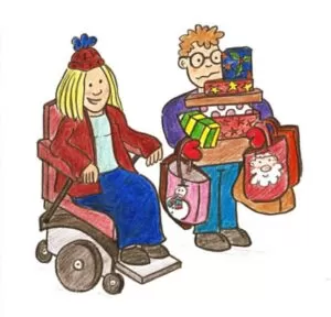 carry the presents xmas card disabled people's voice. Shows a boy with glasses carry all the christmas presents while a lady rides her electric wheelchair - gifts for wheelchair users