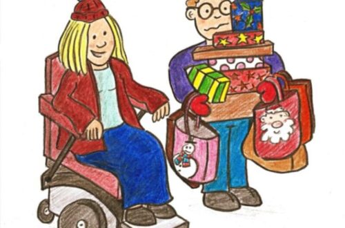carry the presents xmas card disabled people's voice. Shows a boy with glasses carry all the christmas presents while a lady rides her electric wheelchair - gifts for wheelchair users