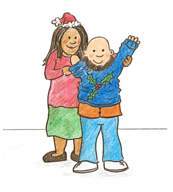 christmas jumper disabled peoples voice xmas card. Shows a man with a beard getting help putting his jumper on from a lady. The man with the beard only has one arm.