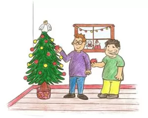 decorating the true xmas card disabled peoples voice shows two boys decorating the tree in their living room. One boy has ginger hair and glasses while the other is shorter and has brown curly hair.
