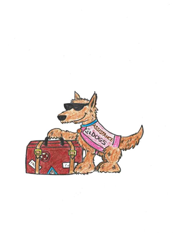 thanks for giving my dog a home greeting card disabled peoples voice. Features a brown dog with an assistance dog harness holding a holiday brief case