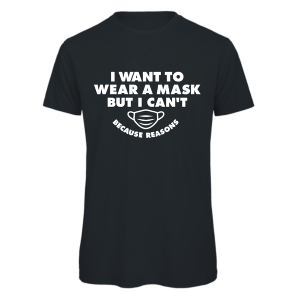 I want to wear a mask but I can't because reasons t-shirt in dark grey Reads:" I want to wear a mask but I can't because reasons" in white text. Also shows a drawing of a mask which matches the font also in white. Because reasons in small than the I want to wear a mask text.