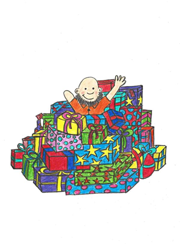 happy birthday greetings card from disabled peoples voice. Features a man with one arm submerged in a pile of birthday presents. His top half pokes above the pile.