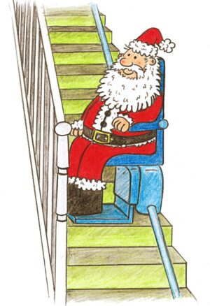 santa stairlift disabled peoples voice xmas card. Show santa taking his stairlift up the stairs.