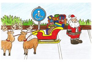 Santas sleigh disabled parking xmas card. Shows santa with his sleigh parked in a disabled spot. Reindeers waiting next to the sleigh